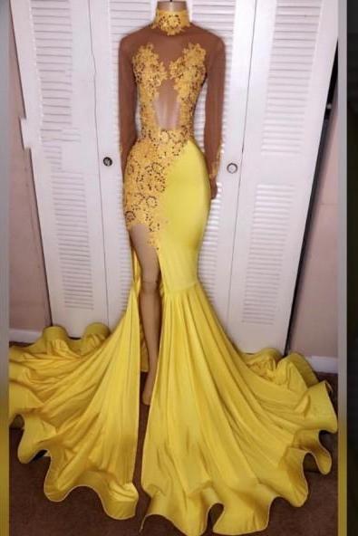 High Neck Sheer Long Sleeves Yellow Prom Dress With Slit