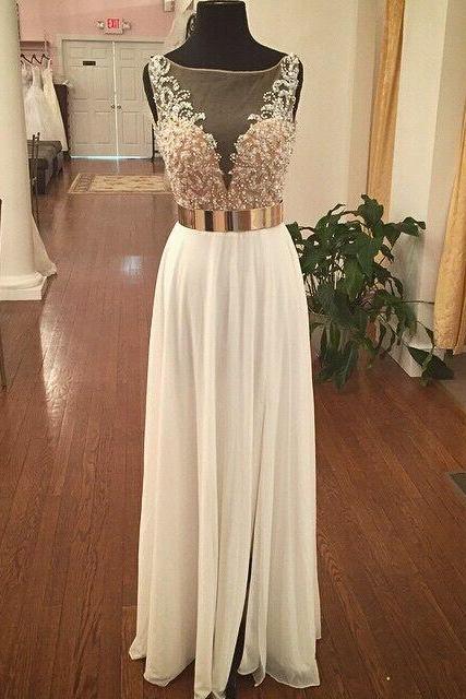 Backless Long Ivory Chiffon Prom Dresses With Beaded Sexy Evening Gowns