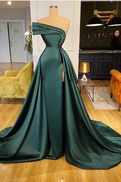 One Shoulder Dark Green Evening Gown With Slit Formal Occasion Pageant Dress