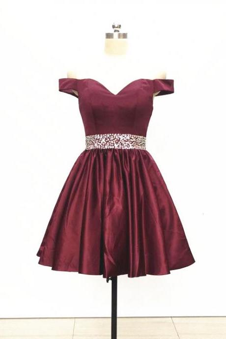 Off The Shoulder Burgundy Satin Short Homecoming Dress For Hoco Party
