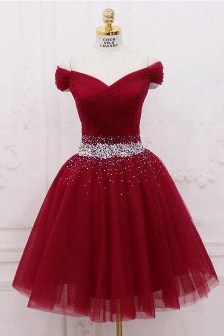 Off The Shoulder Red Hoco Party Dress With Beads