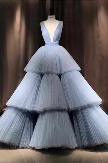 Dusty Blue Tiered Pleated Evening Gown