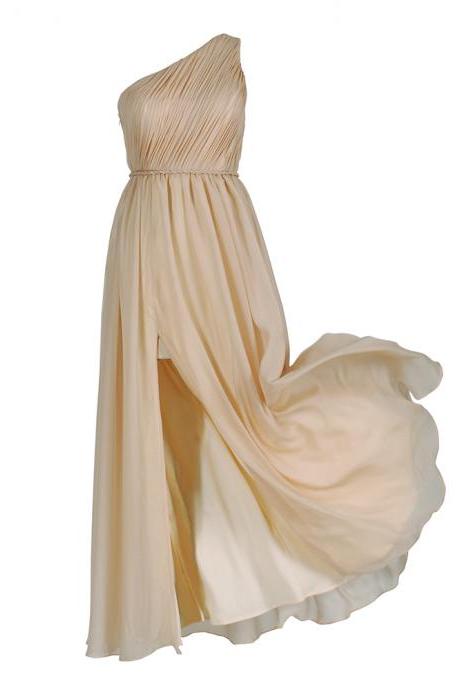 Pleated One Shoulder Champagne Evening Gown With Slit