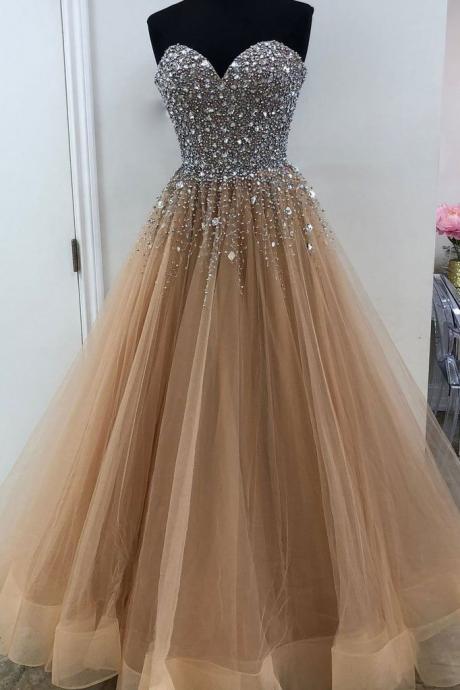 Sweetheart Neckline Champagne Evening Gown With Beads