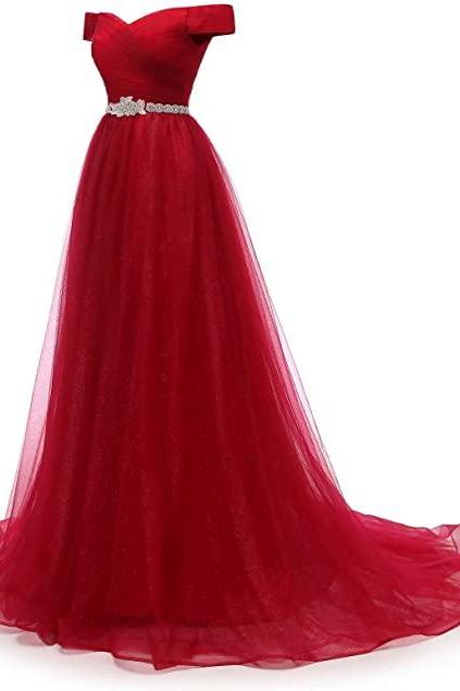Off the Shoulder Wine Prom Dresses Long Evening Gown
