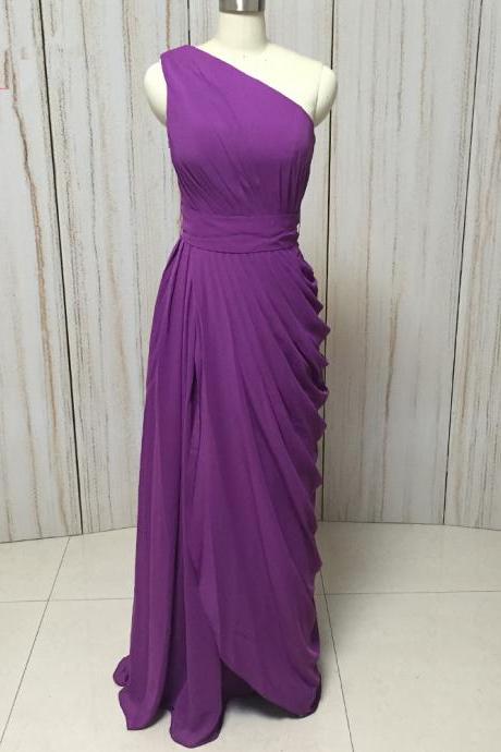 One Shoulder Purple Long Evening Gown Pleated Pageant Dresses