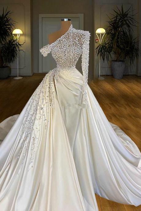 One Shoulder Ivory Pearled Evening Gowns Pageant Dress