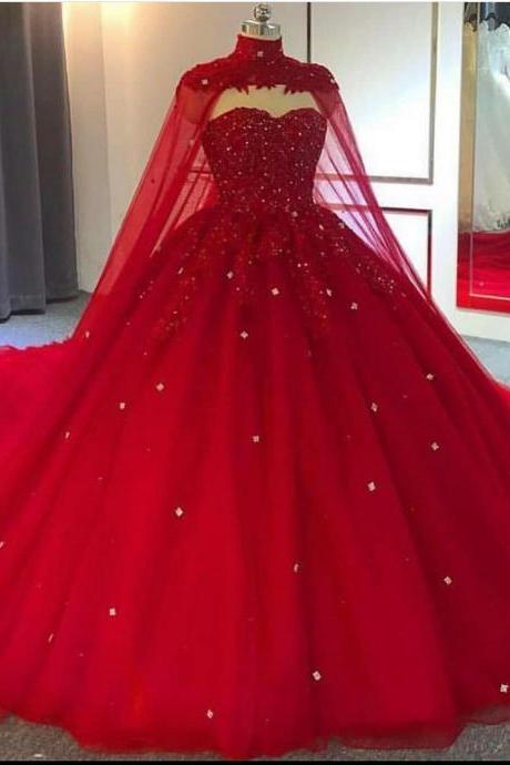 Red Ball Gown Wedding Dresses With Cape
