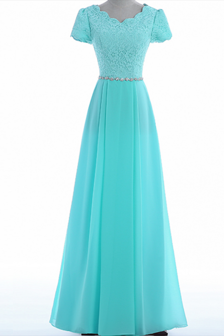 Turquoise Long Modest Formal Desses Short Sleeves Evening Gowns