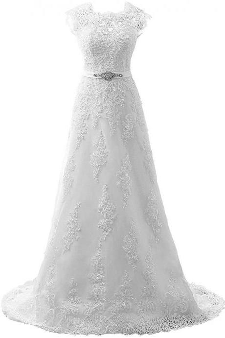 Cap Sleeves Lace Wedding Dresses With Belt