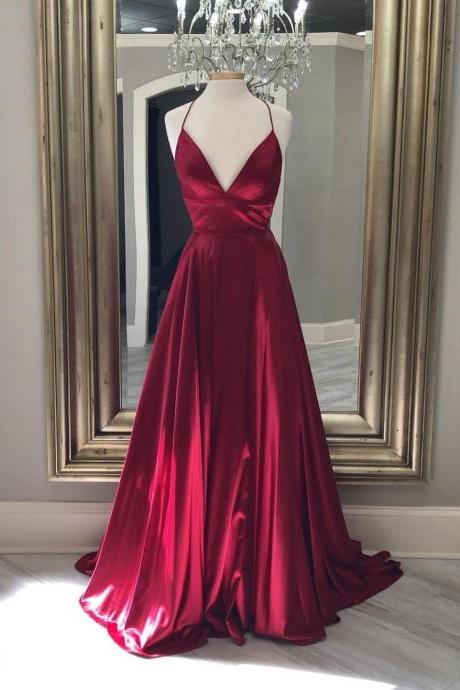 Spaghetti Straps Evening Gowns Dark Red Long Prom Dresses