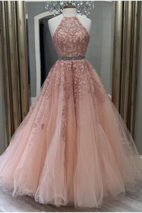 Sleeveless Tulle Long Prom Dresses With Lace Evening Gowns