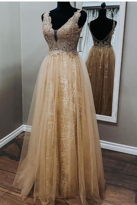 Sparkle Champagne Prom Dresses With Open Back Long Evening Gowns