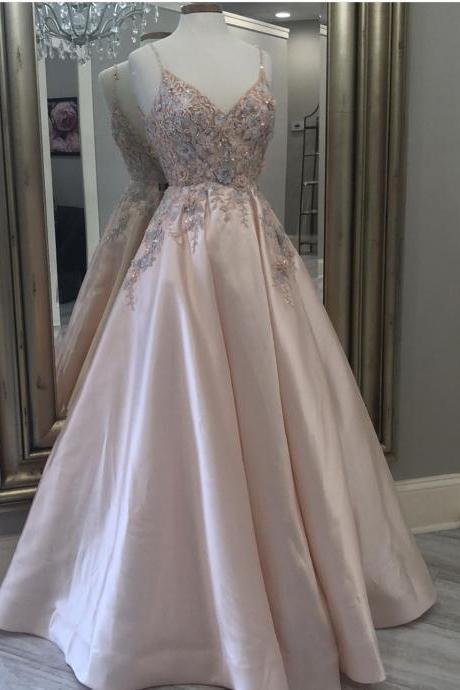 Long Satin Prom Dresses With Appliques Lace Evening Gowns Formal Wear