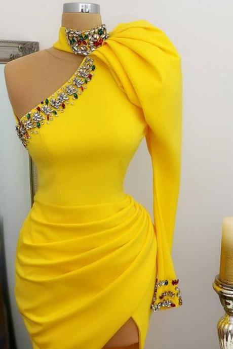 One Shoulder Yellow Short Evening Dresses For Party