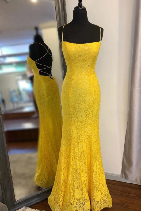 Scoop Neckline Long Yellow Lace Prom Dresses
