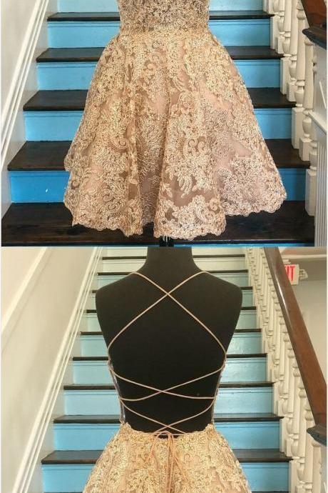 Gold Short Lace Homecoming Party Dress Prom