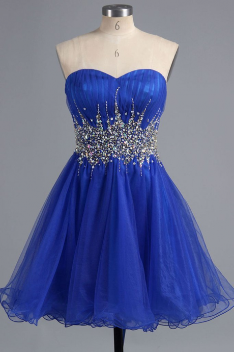 Sleeveless Short Blue Hoco Party Dresses With Beads