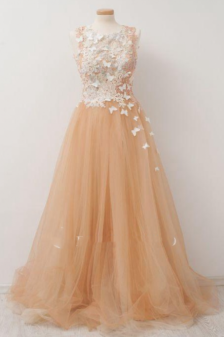 Champagne Long Formal Occasion Dresses With Butterlies Evening Gowns