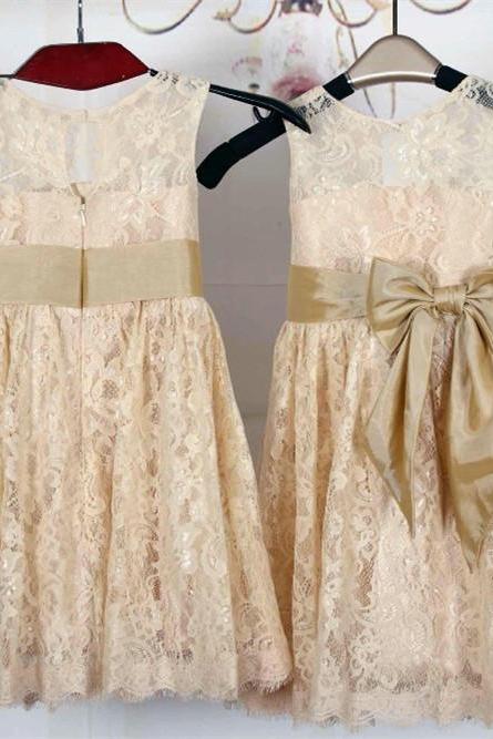 Champagne Lace Flower Girl Dresses With Sash First Communion Dress For Birthday Party