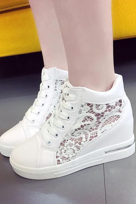 White Silver Leather Lace Women Shoes Platform Flats