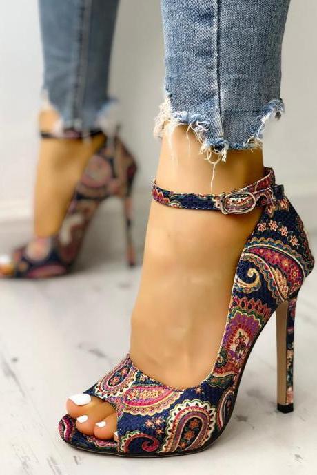 Print Pattern Peep Toe Stiletto Sandals Women Heels Shoes