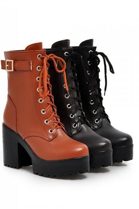 Women Shoes Chunky Heeled Front Lace-up Pu Leather Boots