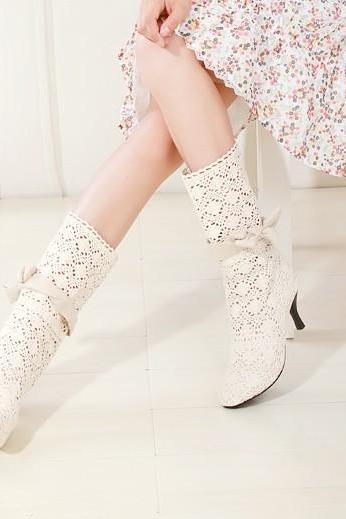 Women Heeled Hollow Lace Boots Shoes