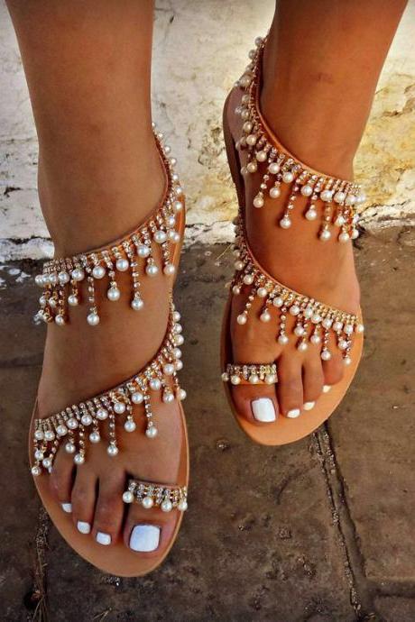 Summer Pearled Women Flats Holiday Footwear