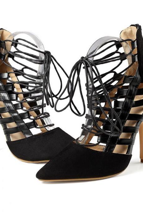 Women Lace-up Black Sandals Heels Shoes