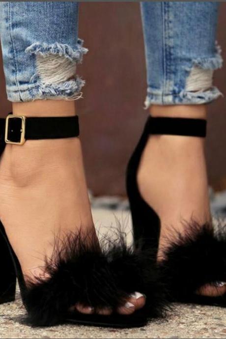 Fluffy Ankle Strap Chunky Heeled Sandals
