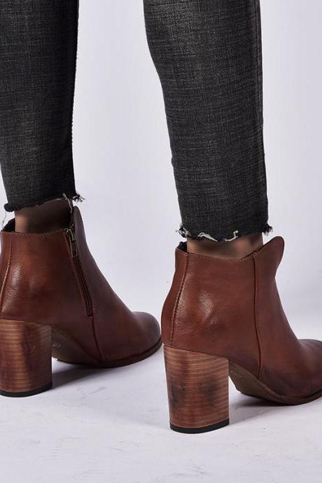 Side Zipper Chunky Heeled Shoes Pu Leather Women Boots