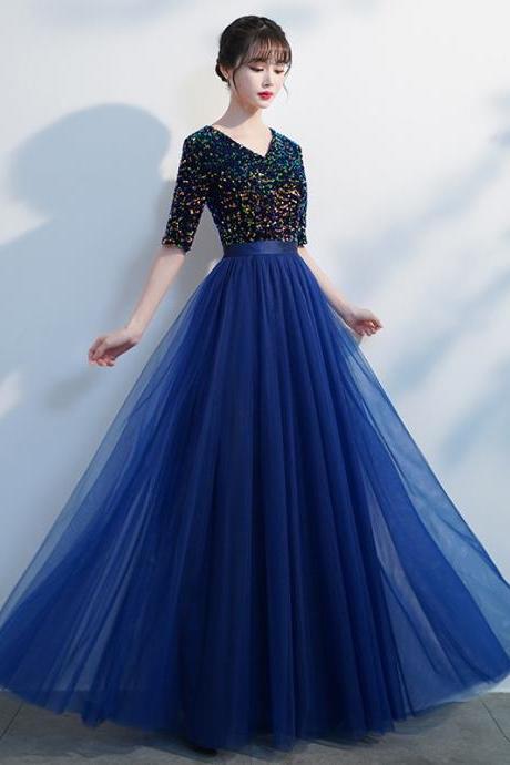 Half Sleeves Asian Special Occasion Dresses Sequin Bodice Evening Gowns