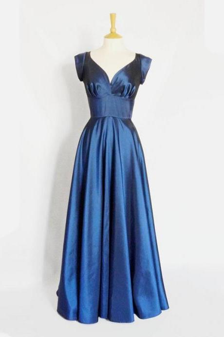 Midlight Blue Taffeta Vintage Dresses Long Pageant Evening Gowns