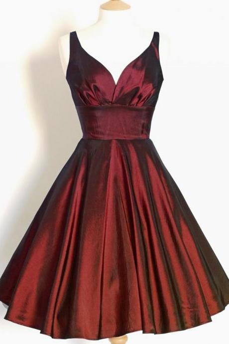 Burgundytaffeta Vintage Short Swing Dresses