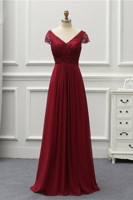 Cap Sleeves Wine Long Chiffon Special Occasion Dresses Evening Gowns