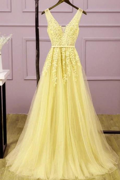 V Neck Long Evening Gowns Yellow Formal Occasion Dresses