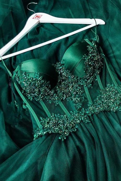 Dark Green Long Prom Dresses With Beads