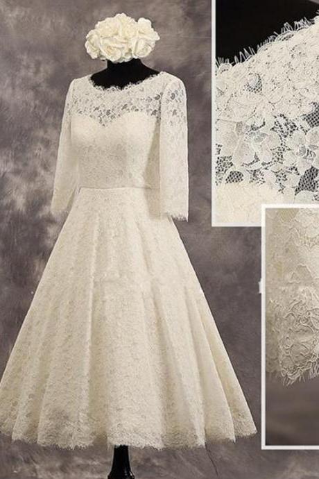 3 Quarters Sleeves Vintage Lace Wedding Dresses