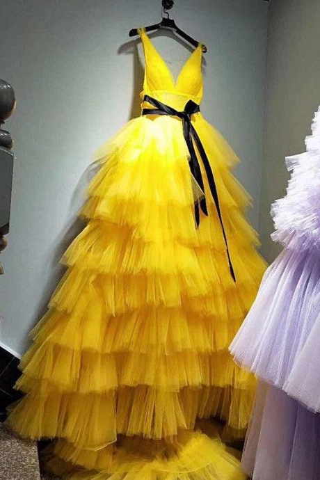 Backless Yellow Tulle Dress Women Prom Dress