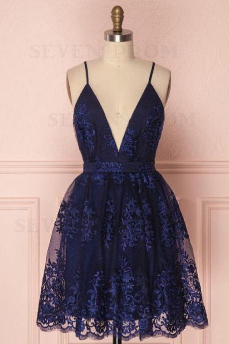 Navy Blue Short Lace Party Dress