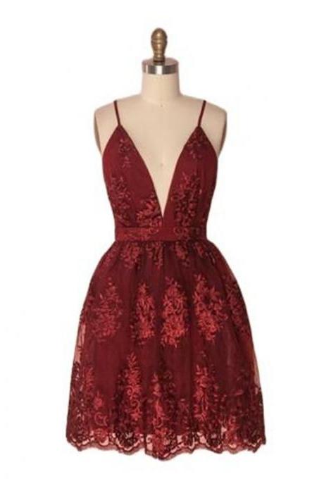 Burgundy Short Lace Party Dress