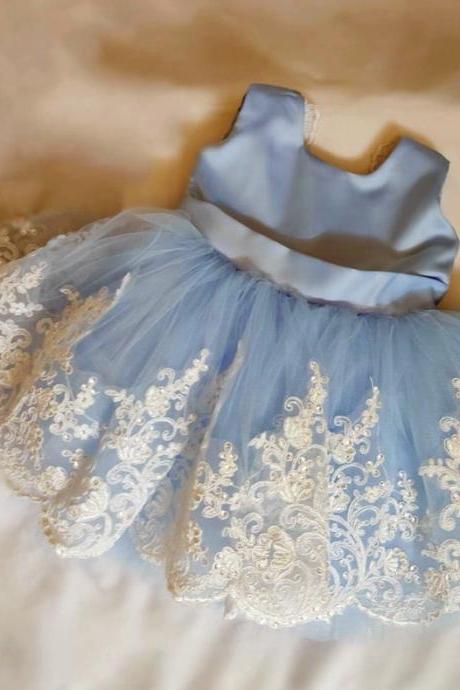 Blue Infant Baby Girl Dress With Ivory Lace