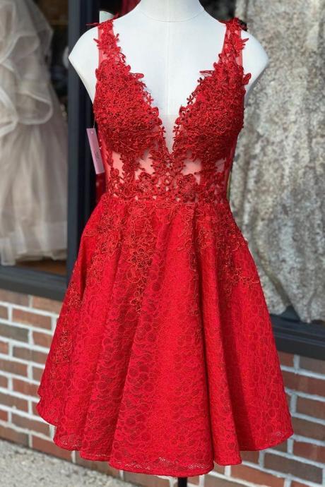 Plunging Neck Red Lace Short Prom Dress For Hoco Party