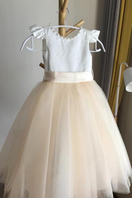 Ivory Light Champagne Flower Girl Dress With Pearls