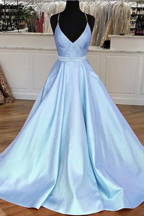 V Neck Blue Simple Prom Dresses With Pockets Long Special Occasion Pageant Evening Gowns