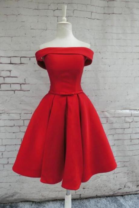 Off Shoulder Short Red Satin Semi Formal Occasion Dresses Birthday Party New Year Wear