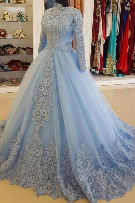 Long Sleeves Blue Modest Formal Occasion Dresses