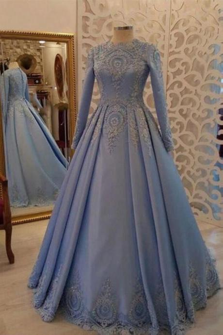 Blue Satin Modest Formal Occasion Dresses Long Evening Gowns For Muslim Women