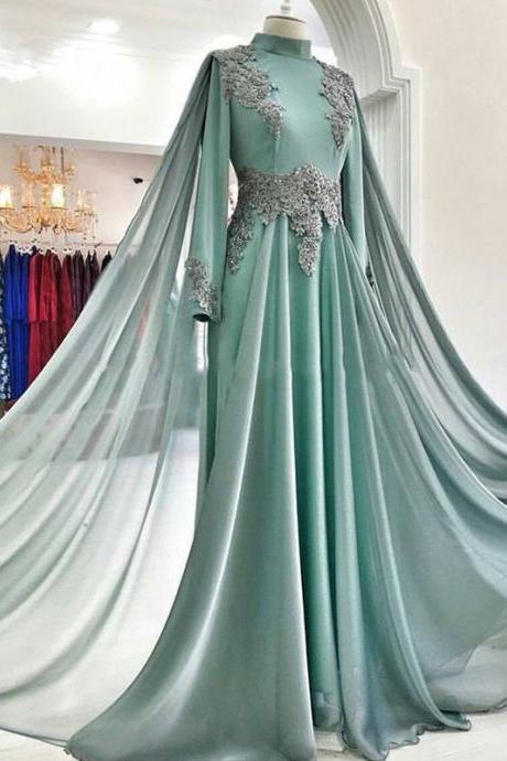 Long Sleeves Chiffon Formal Occasion Dresses With Cape Modest Long Evening Gowns
